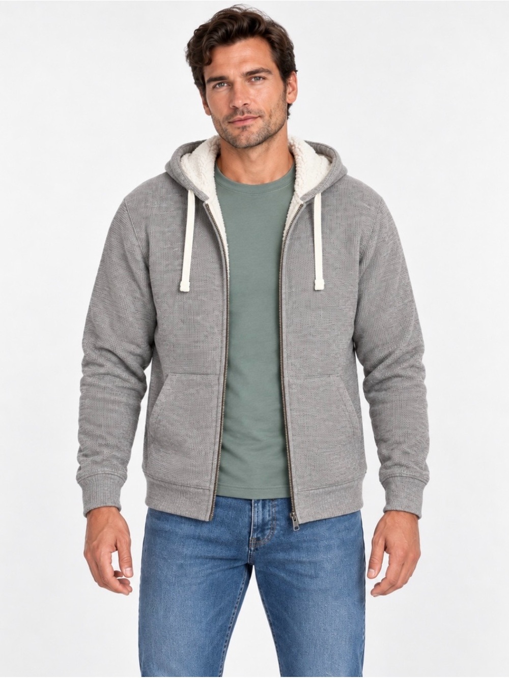 LANDSEND Men's Sherpa Lined Waffle Full Zip Hoodie